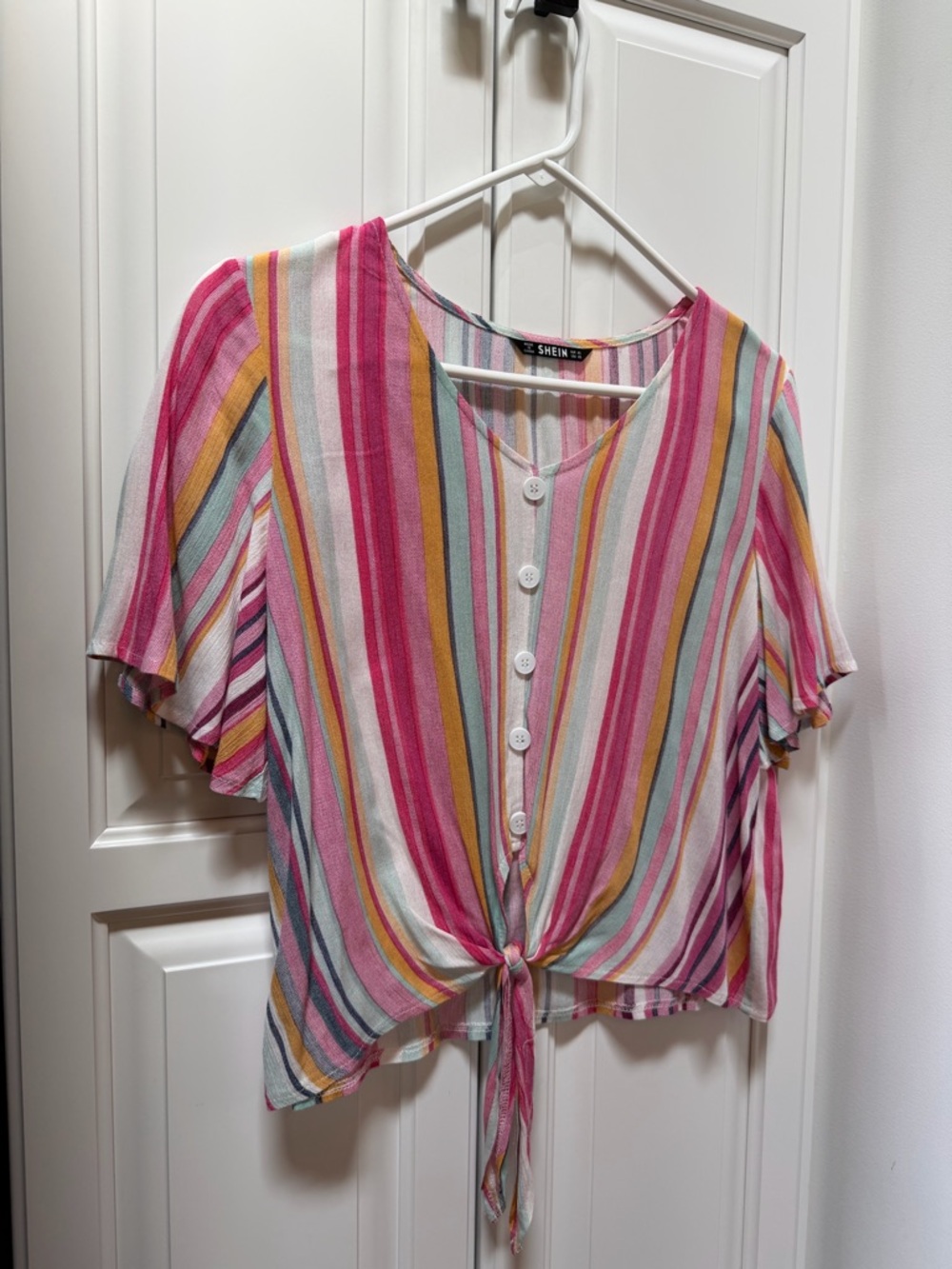 SHEIN Multicolor Striped Tie-Front Button Top